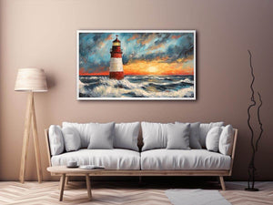 Coastal lighthouse Canvas Print with crashing ocean waves and sunset sky