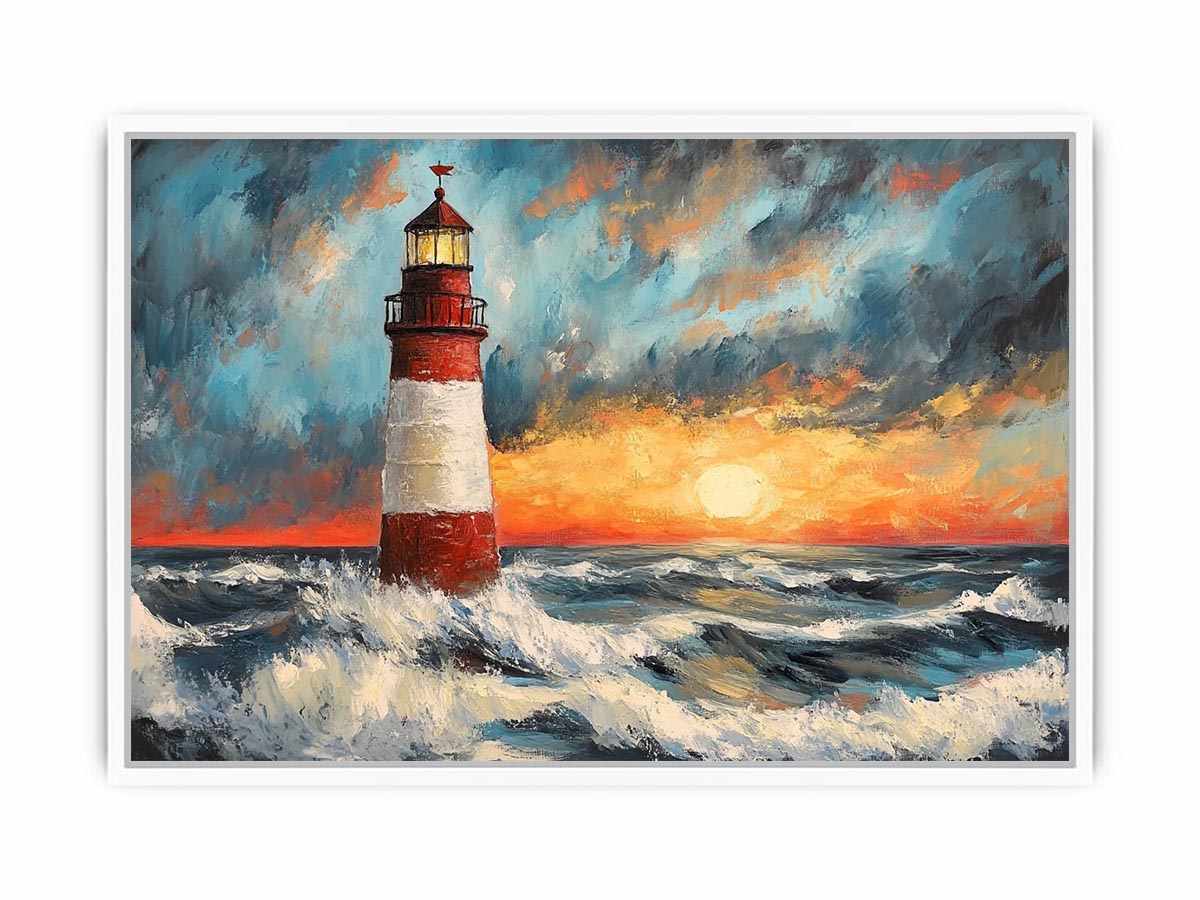 Coastal lighthouse Canvas Print with crashing ocean waves and sunset sky