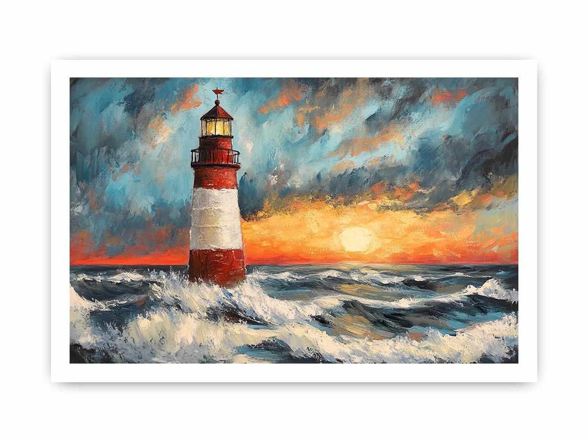 Coastal lighthouse Canvas Print with crashing ocean waves and sunset sky