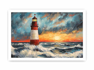 Coastal lighthouse Canvas Print with crashing ocean waves and sunset sky