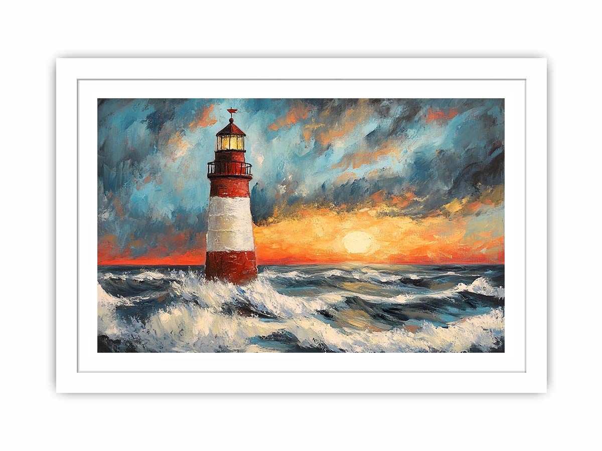 Coastal lighthouse Canvas Print with crashing ocean waves and sunset sky