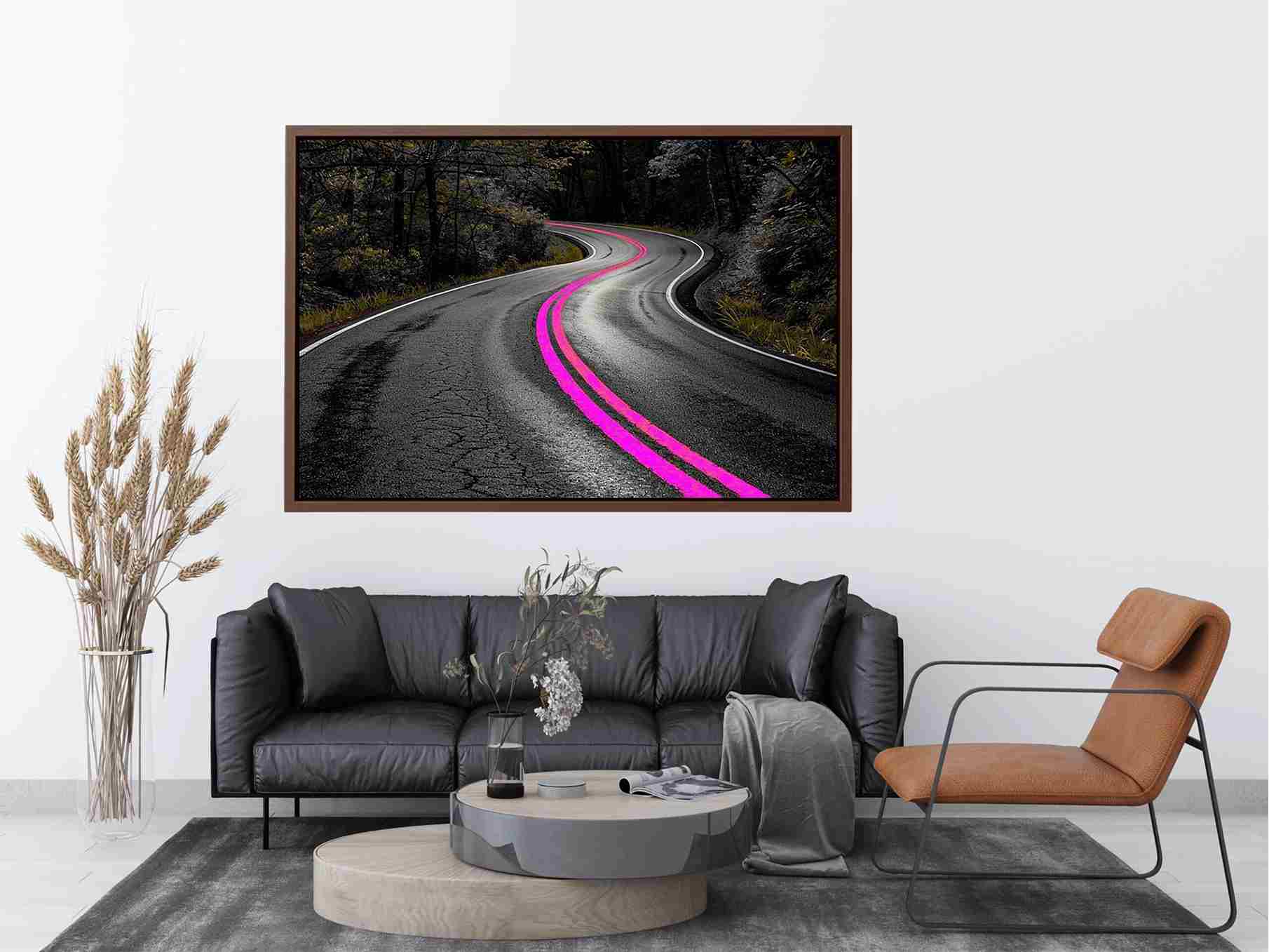 Dark forest road canvas art with neon pink lines for modern office decor.
