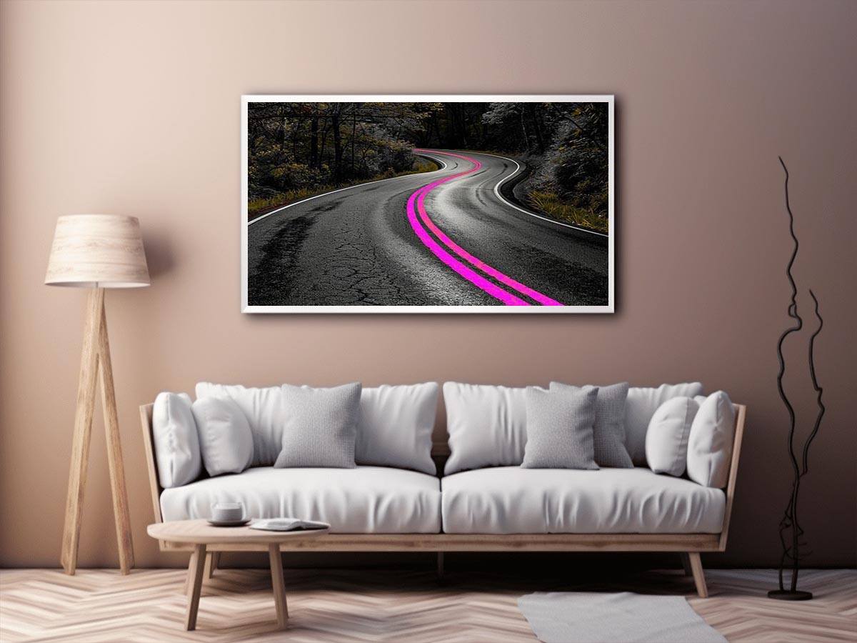 Dark forest road Canvas Print with neon pink lines