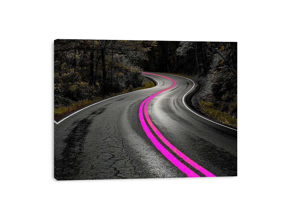 Dark forest road Canvas Print with neon pink lines