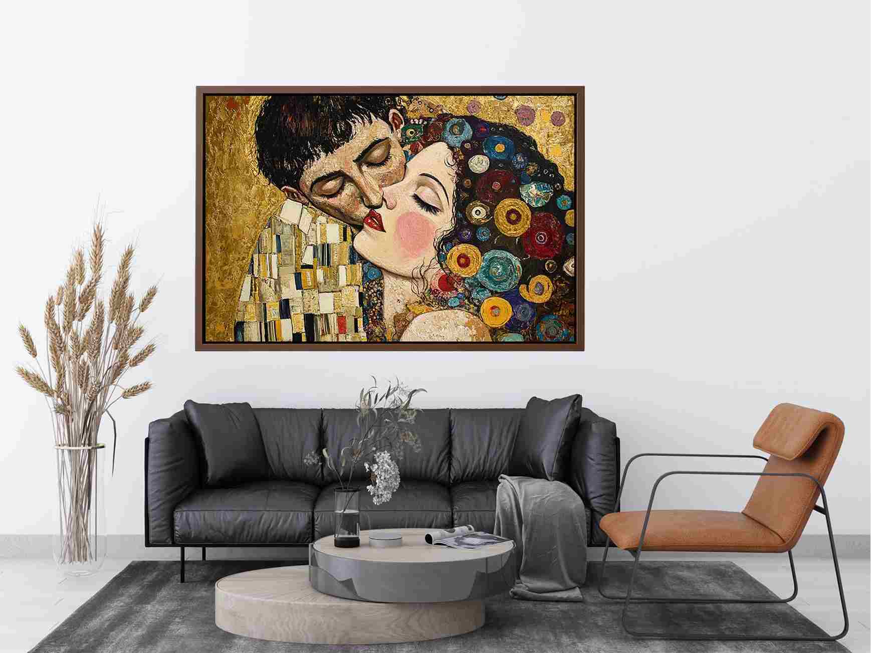 Elegant romantic kiss Canvas Print with gold and patterned details