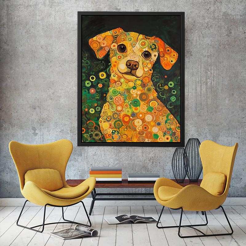 Colourful dog portrait Canvas Print with warm circles