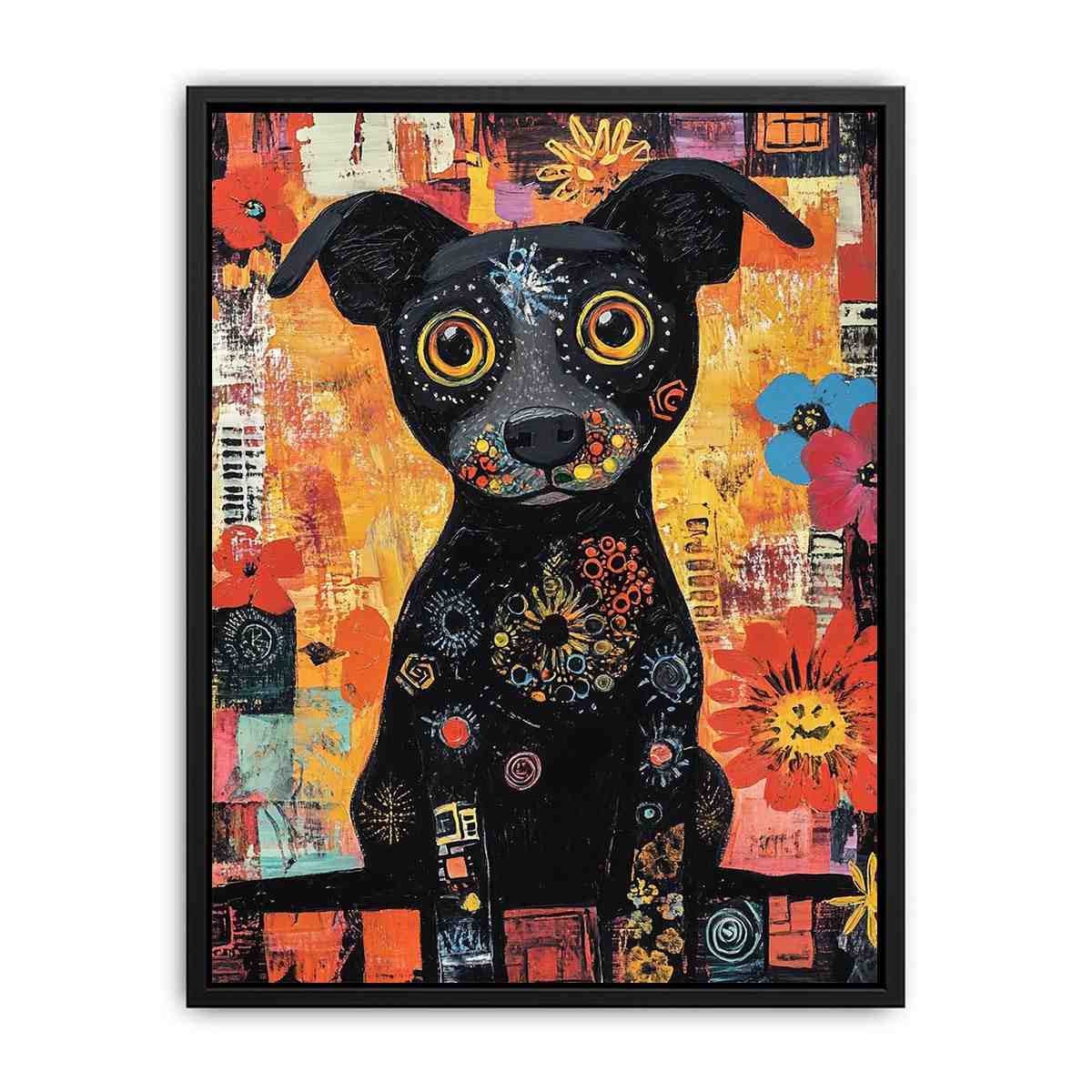 Playful black dog Canvas Print with colourful flowers