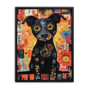 Playful black dog Canvas Print with colourful flowers