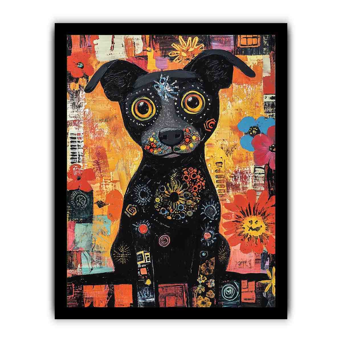 Playful black dog Canvas Print with colourful flowers