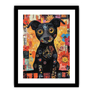Playful black dog Canvas Print with colourful flowers