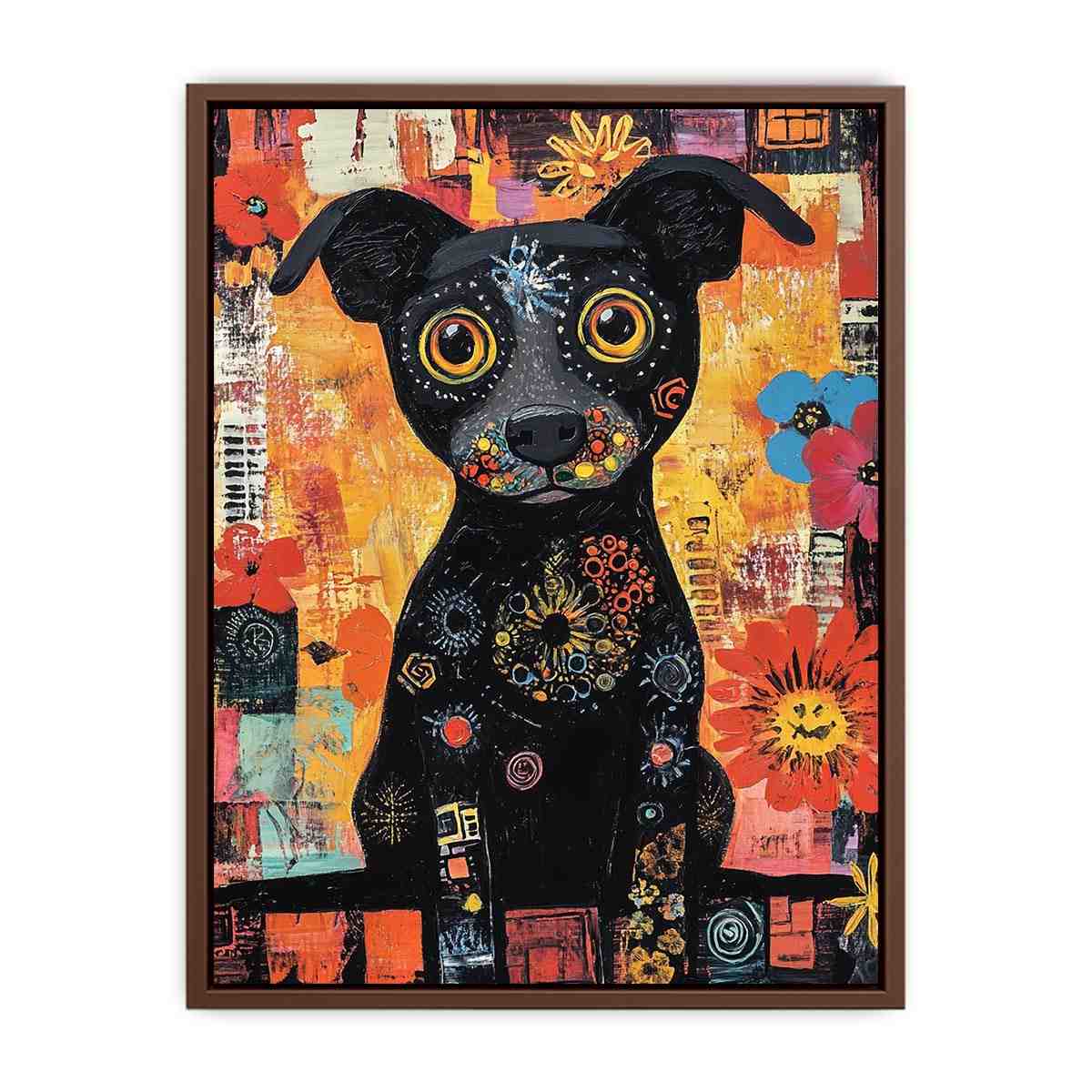 Playful black dog Canvas Print with colourful flowers