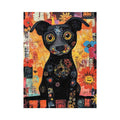 Playful black dog Canvas Print with colourful flowers