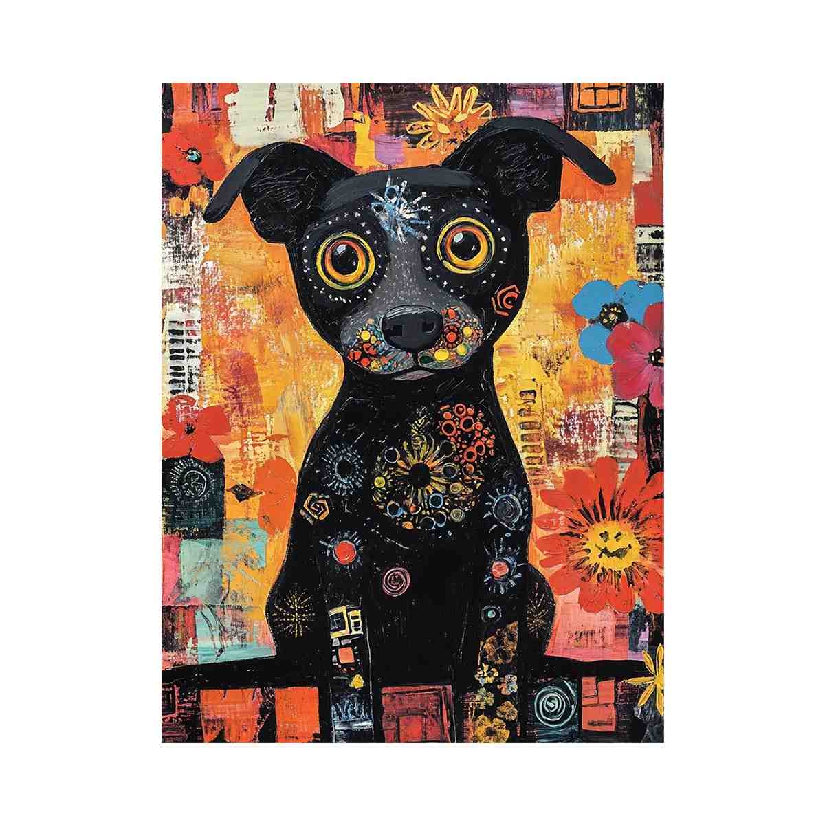 Playful black dog Canvas Print with colourful flowers