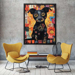 Playful black dog Canvas Print with colourful flowers