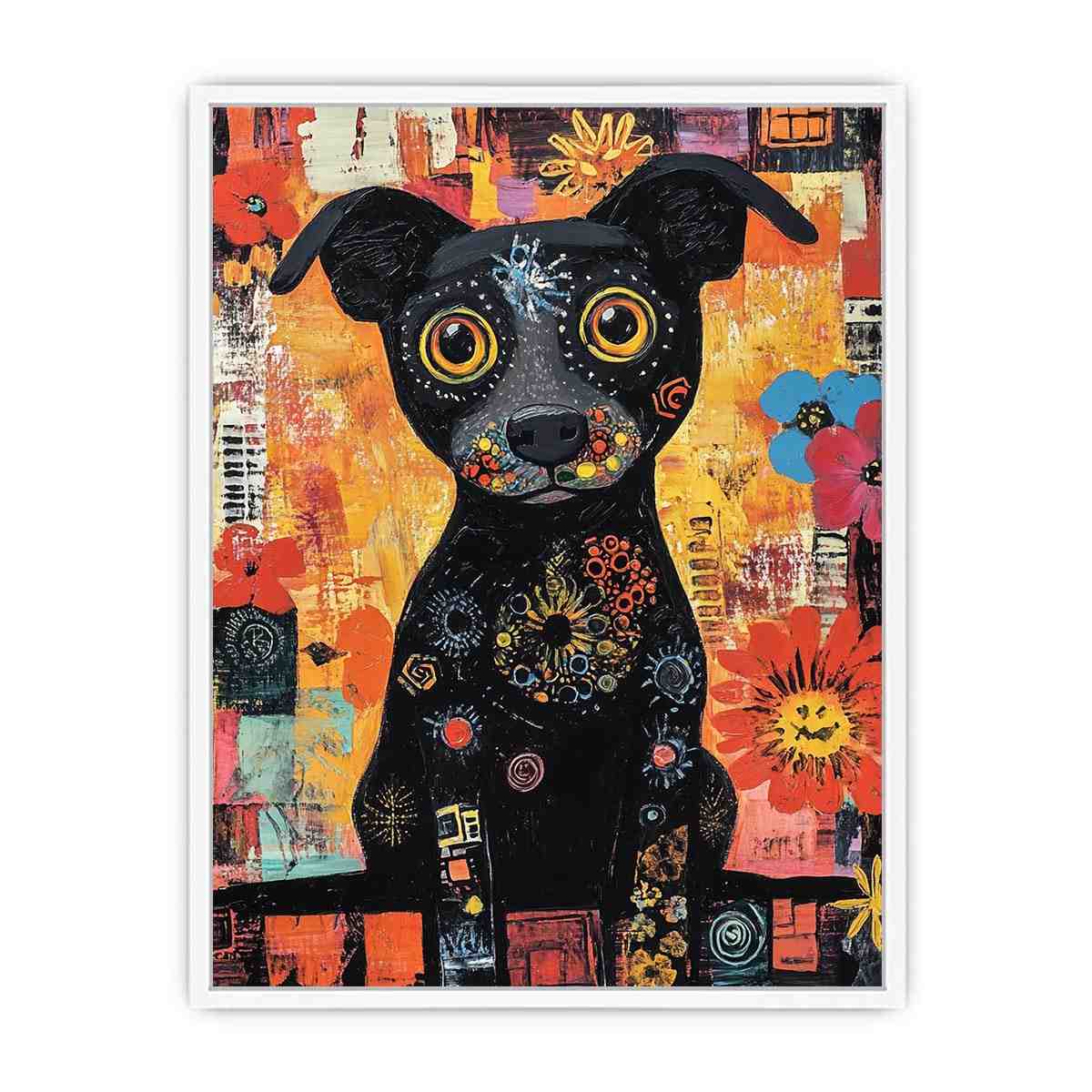 Playful black dog Canvas Print with colourful flowers