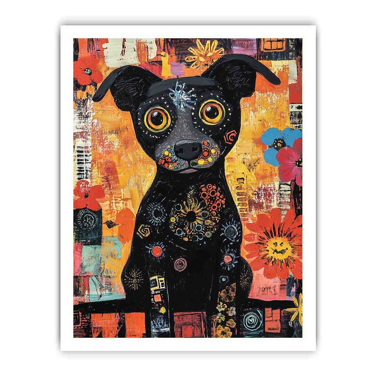Playful black dog Canvas Print with colourful flowers