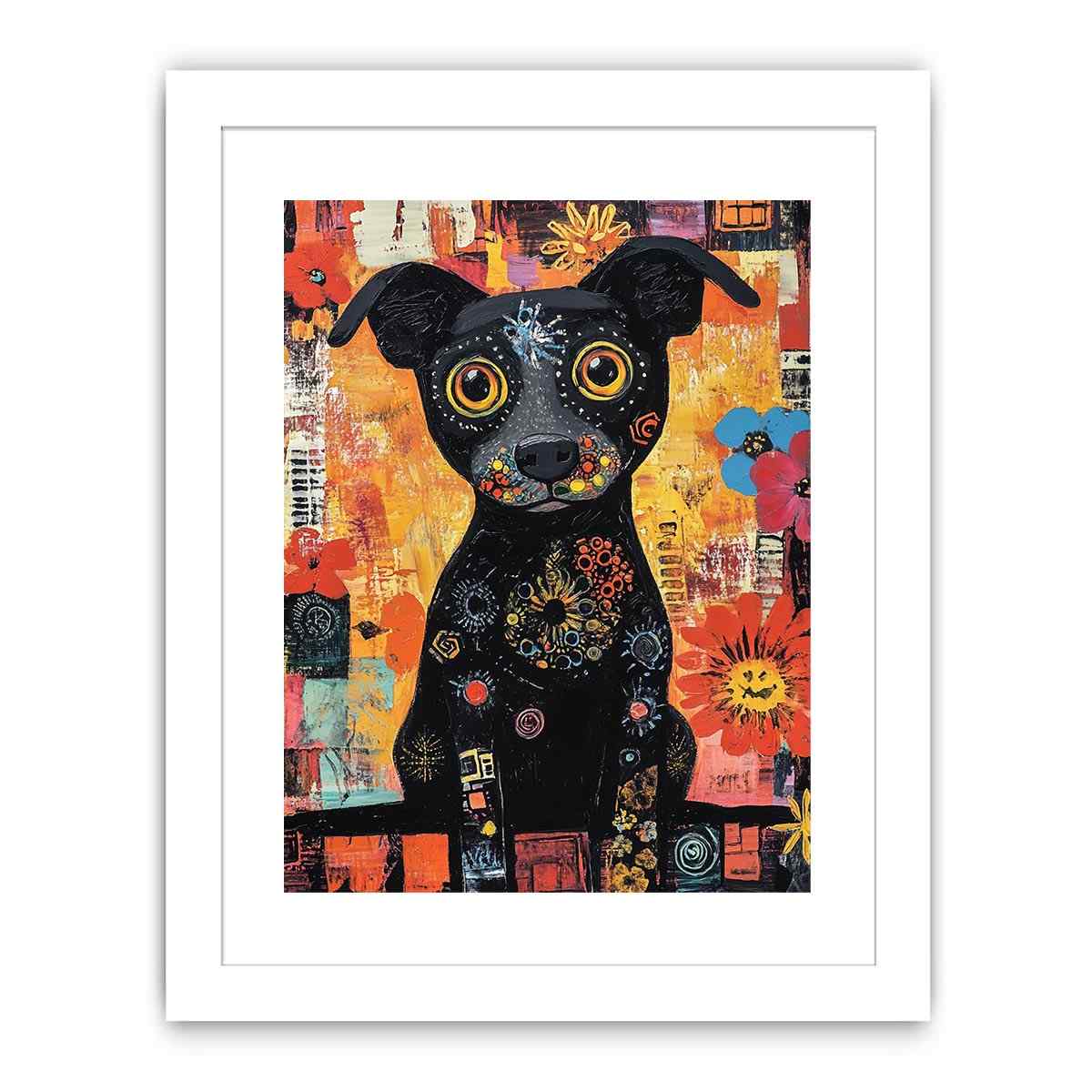 Playful black dog Canvas Print with colourful flowers