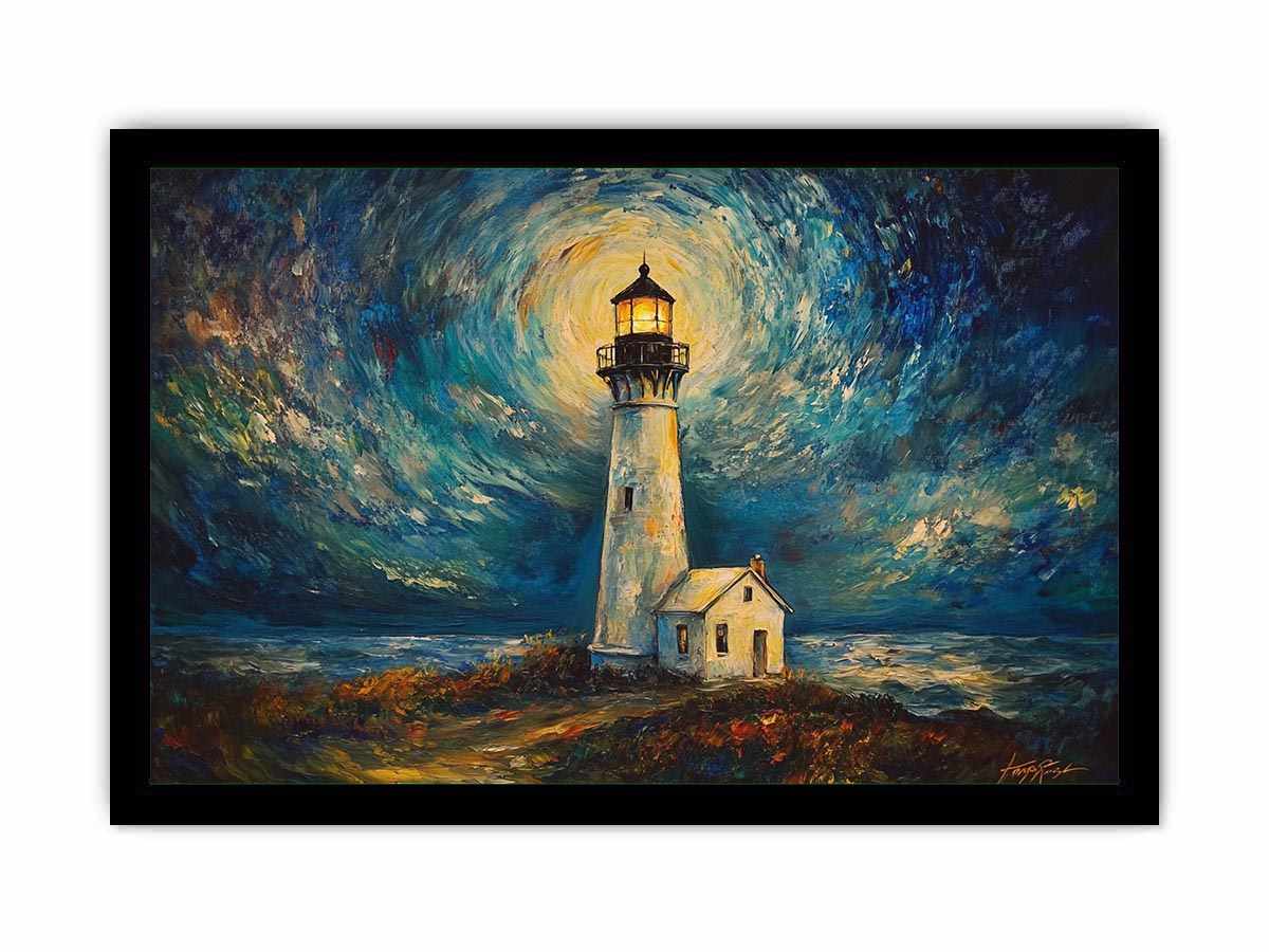 Coastal lighthouse Canvas Print with moonlit sky and ocean waves