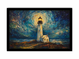 Coastal lighthouse Canvas Print with moonlit sky and ocean waves