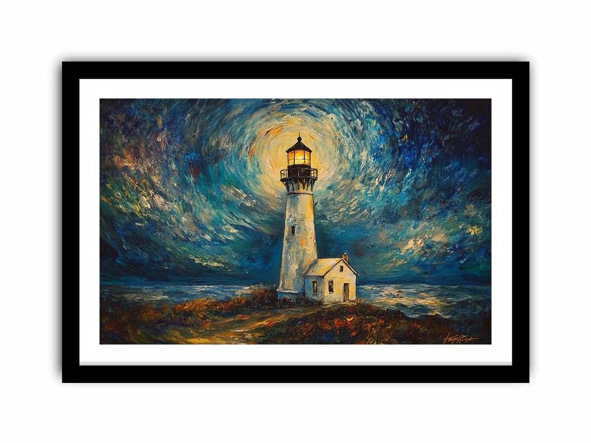 Coastal lighthouse Canvas Print with moonlit sky and ocean waves