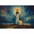 Coastal lighthouse Canvas Print with moonlit sky and ocean waves