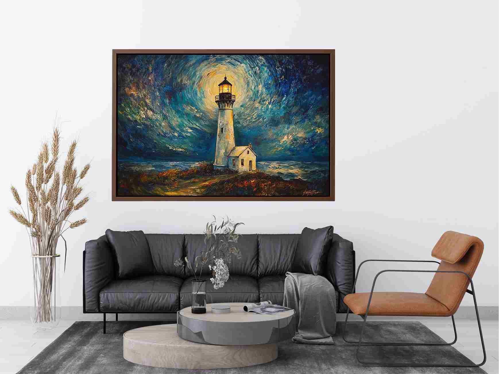 Coastal lighthouse Canvas Print with moonlit sky and ocean waves