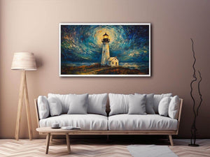 Coastal lighthouse Canvas Print with moonlit sky and ocean waves