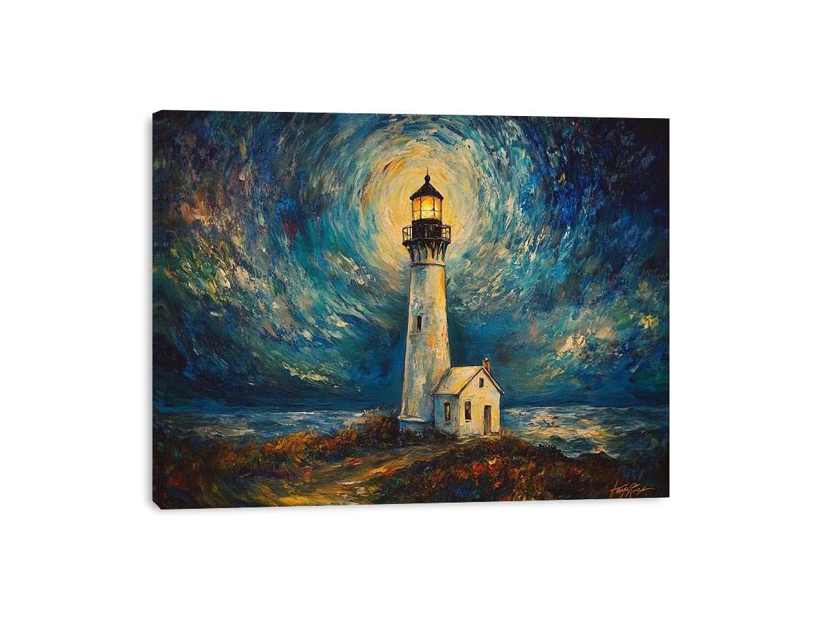 Coastal lighthouse Canvas Print with moonlit sky and ocean waves