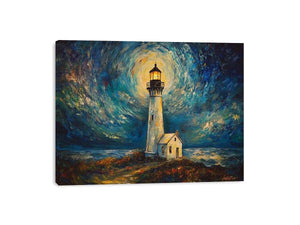 Coastal lighthouse Canvas Print with moonlit sky and ocean waves
