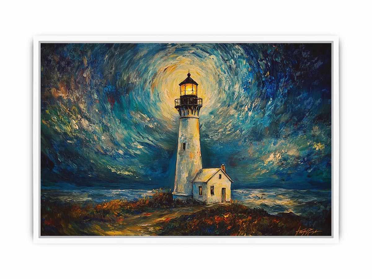 Coastal lighthouse Canvas Print with moonlit sky and ocean waves