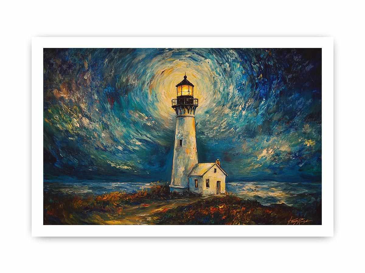 Coastal lighthouse Canvas Print with moonlit sky and ocean waves