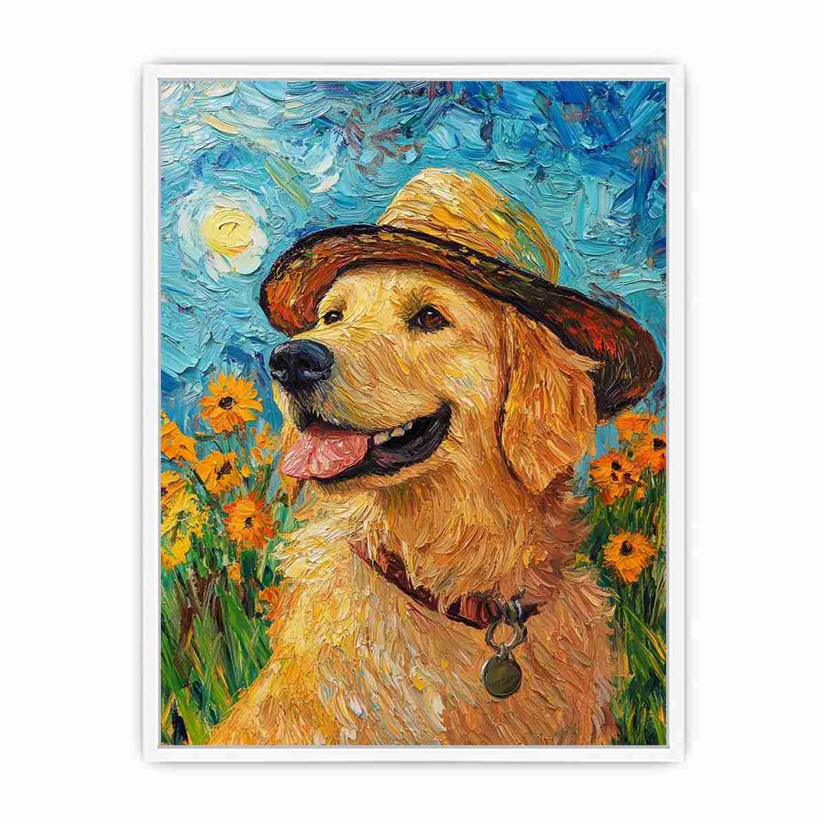 Golden retriever with straw hat Canvas Print