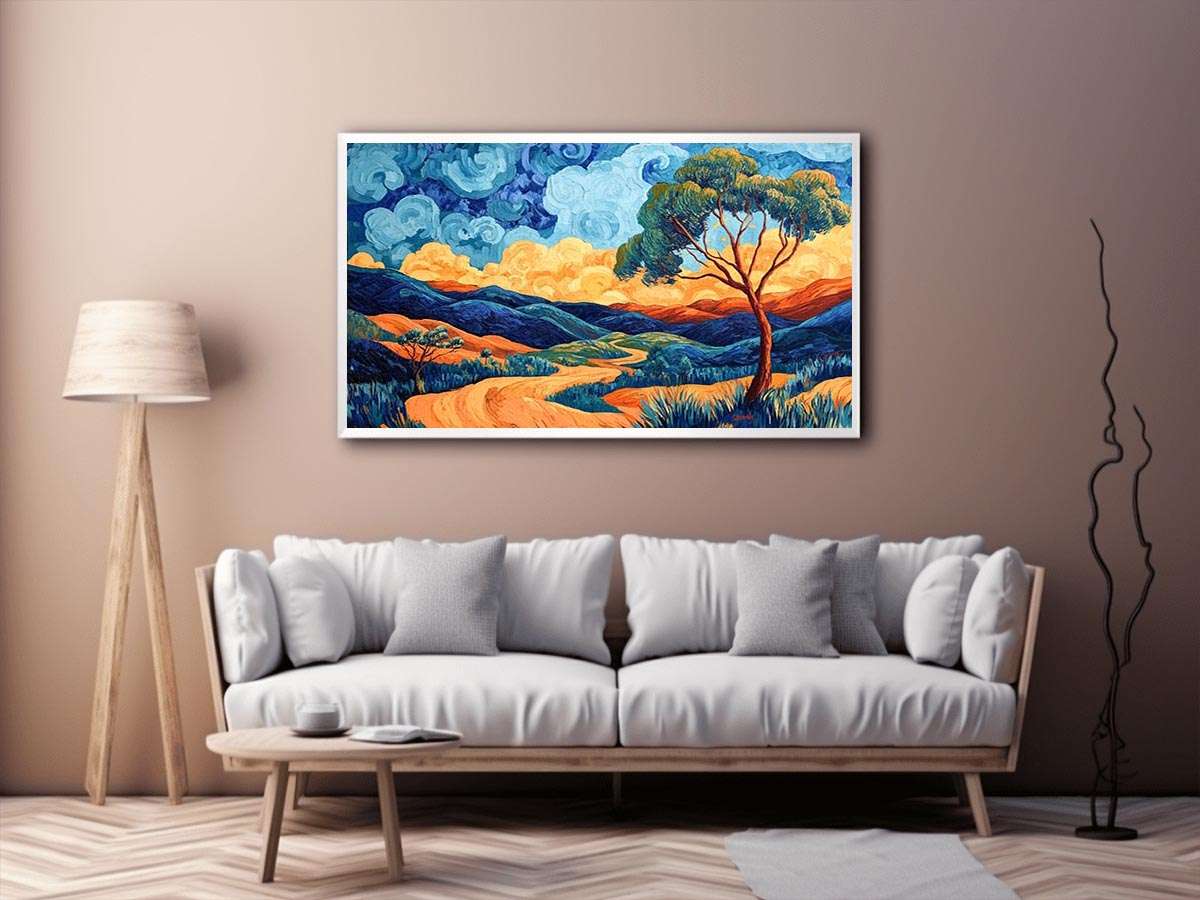 Colorful panoramic valley landscape canvas art for modern living room decor.