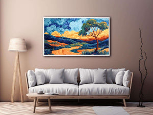 Colorful panoramic valley landscape canvas art for modern living room decor.