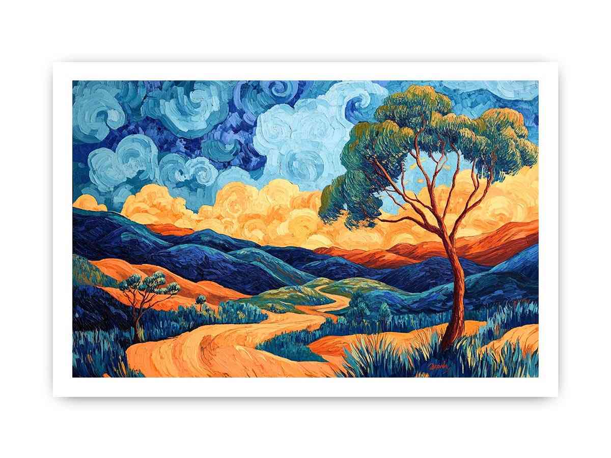 Colorful panoramic valley landscape canvas art for modern living room decor.