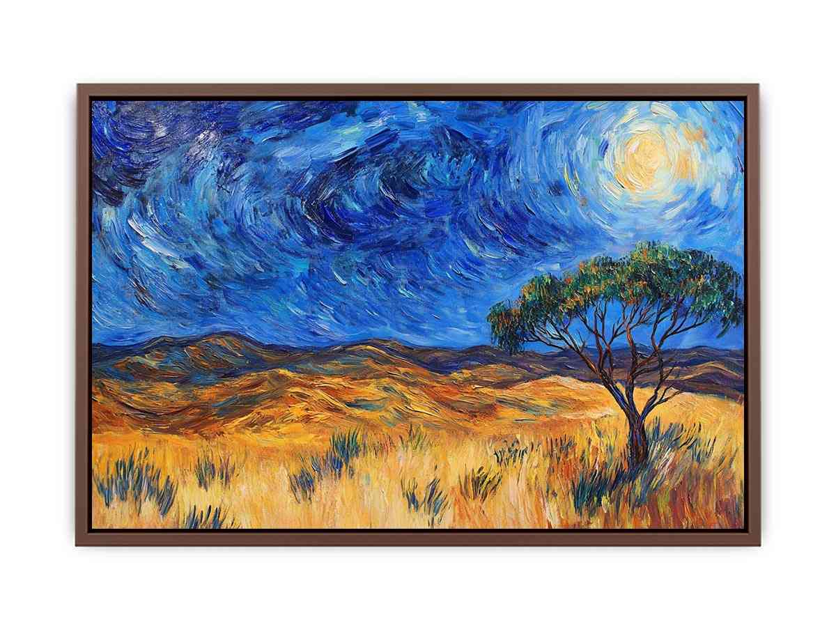 Moonlit savannah landscape Canvas Print with lone tree and swirling night sky