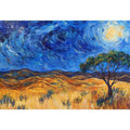 Moonlit savannah landscape Canvas Print with lone tree and swirling night sky