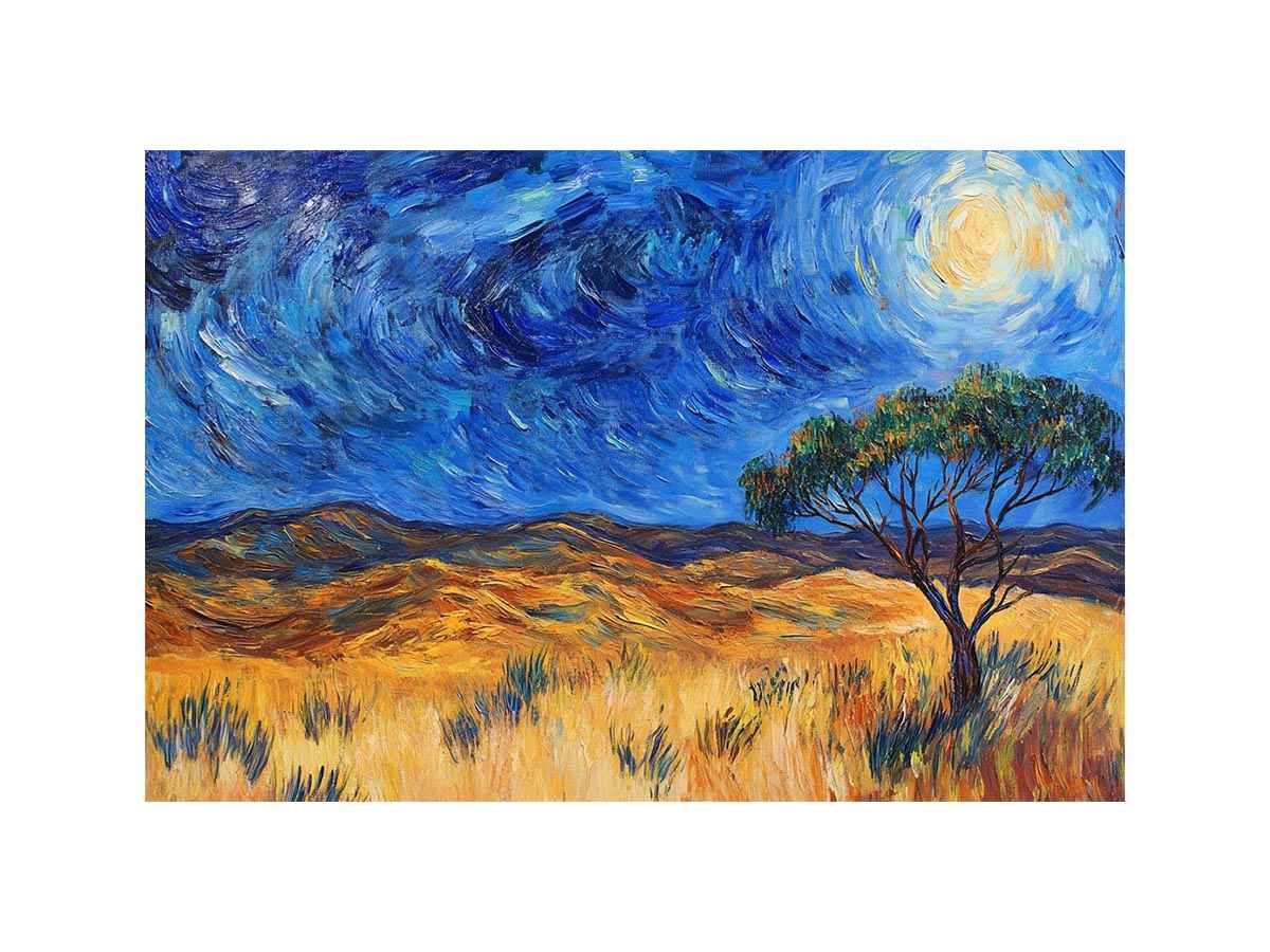Moonlit savannah landscape Canvas Print with lone tree and swirling night sky