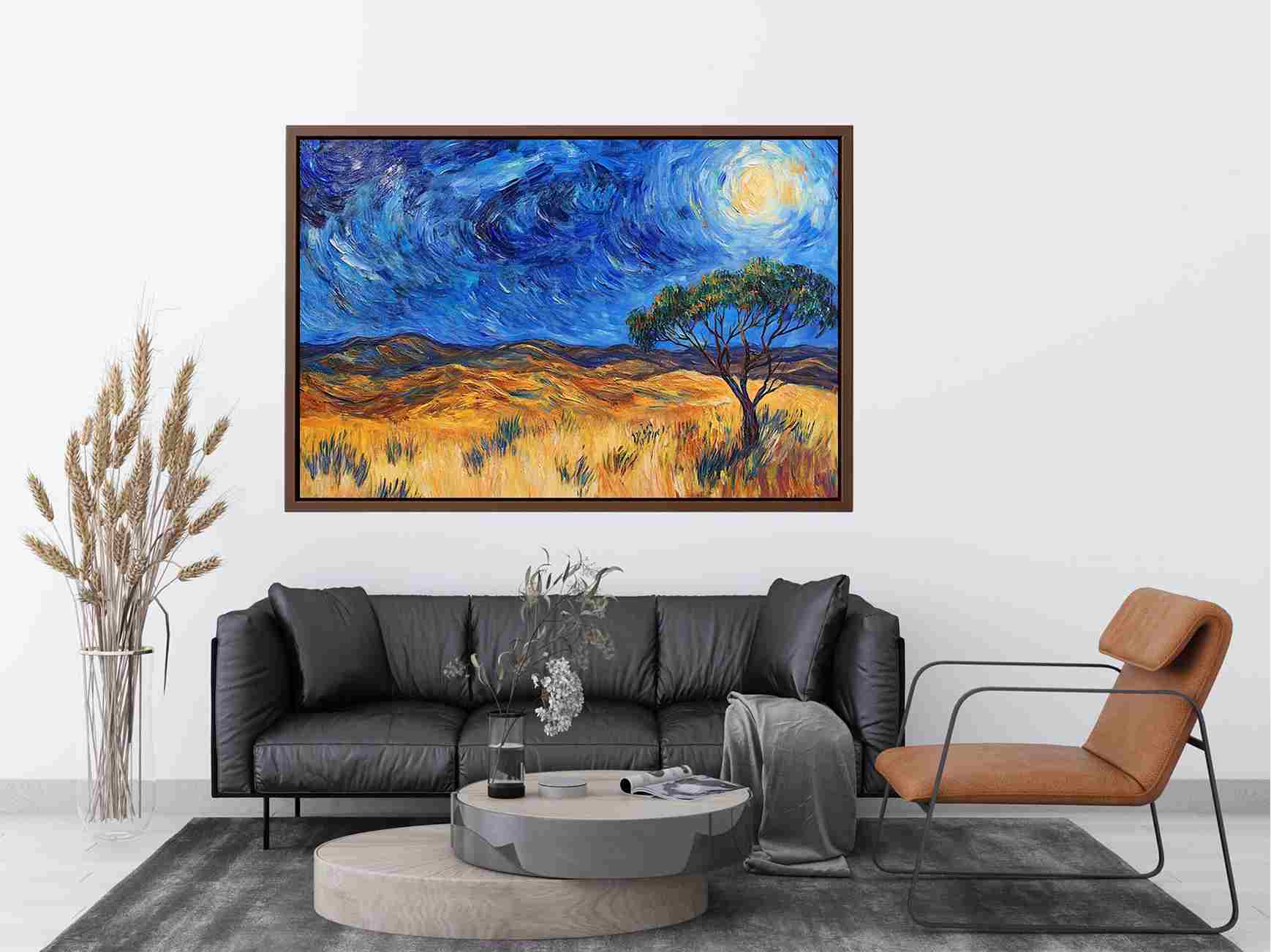 Moonlit savannah landscape Canvas Print with lone tree and swirling night sky