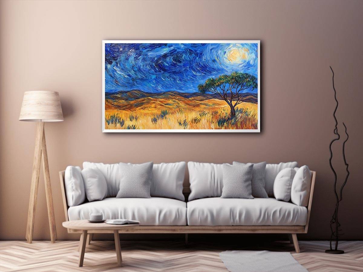 Moonlit savannah landscape Canvas Print with lone tree and swirling night sky