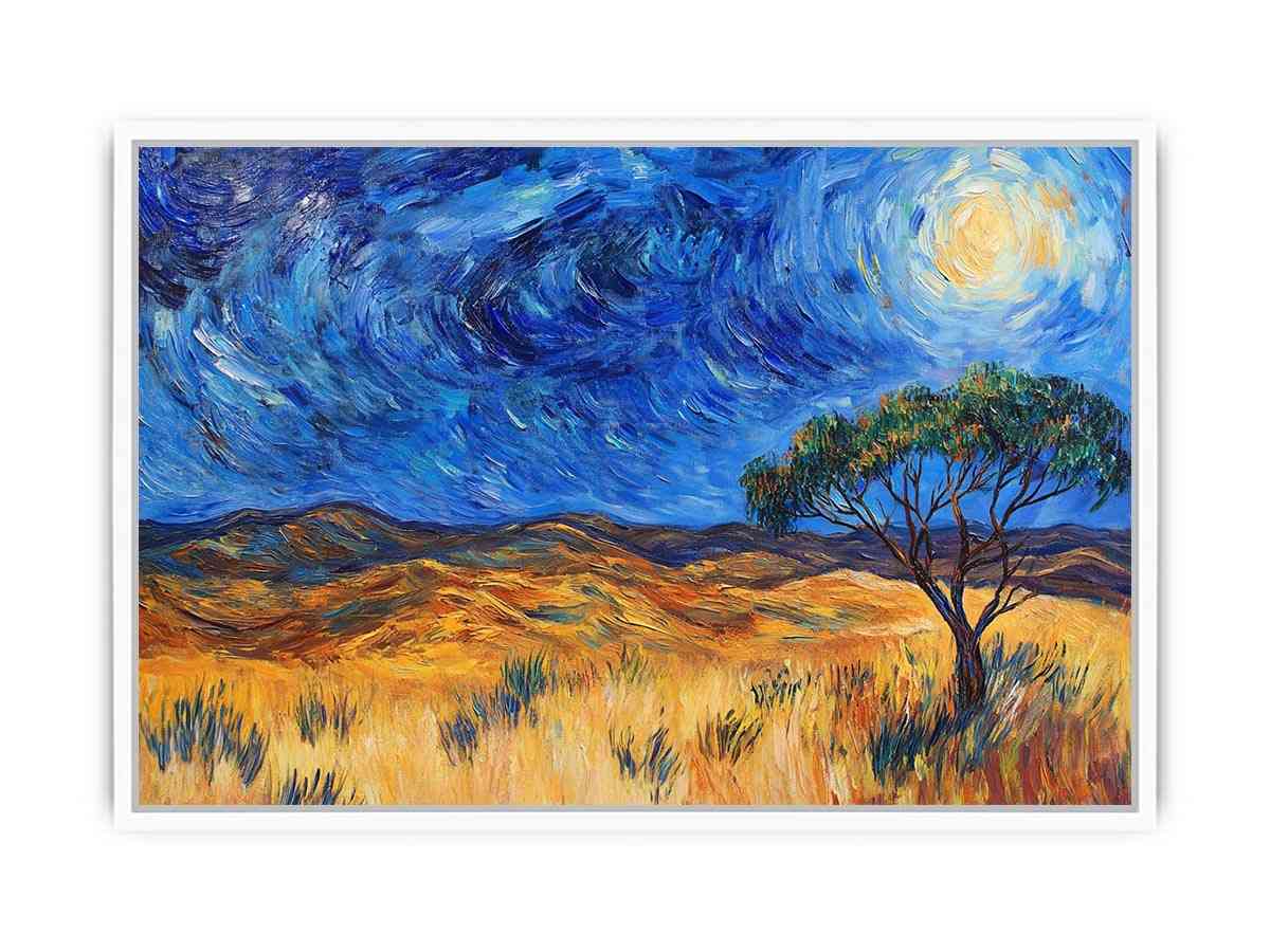 Moonlit savannah landscape Canvas Print with lone tree and swirling night sky