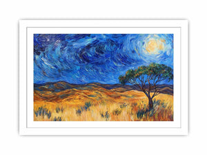 Moonlit savannah landscape Canvas Print with lone tree and swirling night sky