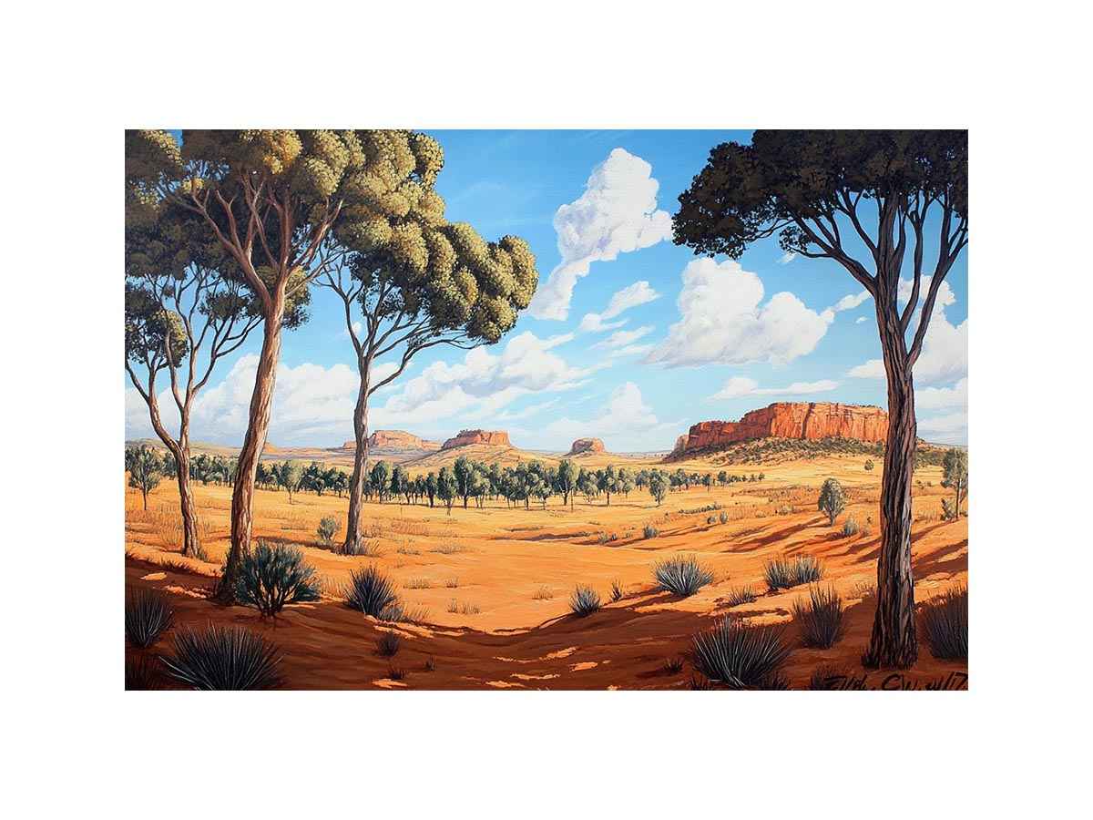 Desert landscape Canvas Print with trees and mesas