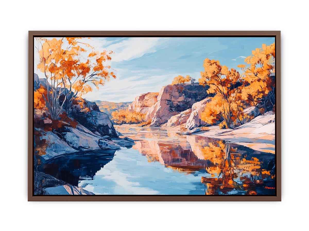 Autumn river canyon Canvas Print with reflective water