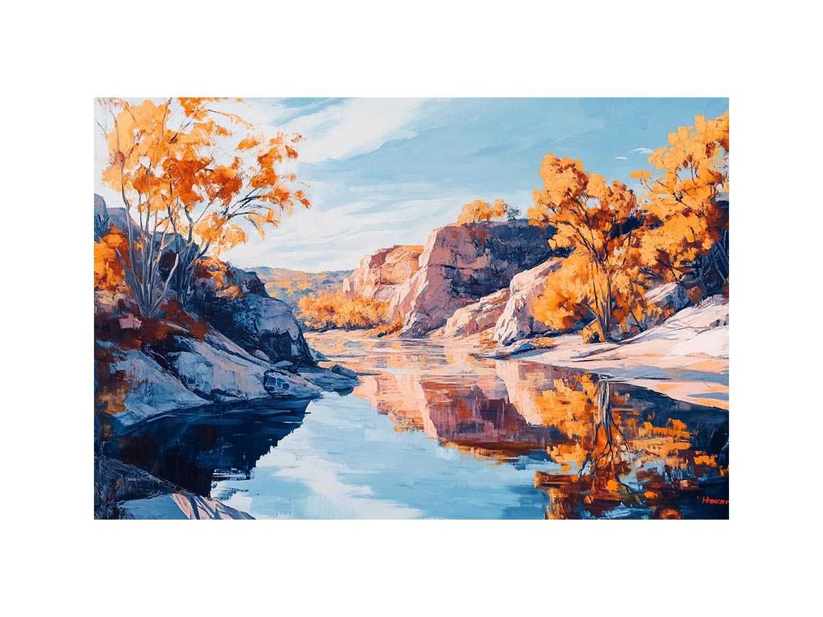 Autumn river canyon canvas art with reflective water for elegant modern interior decor