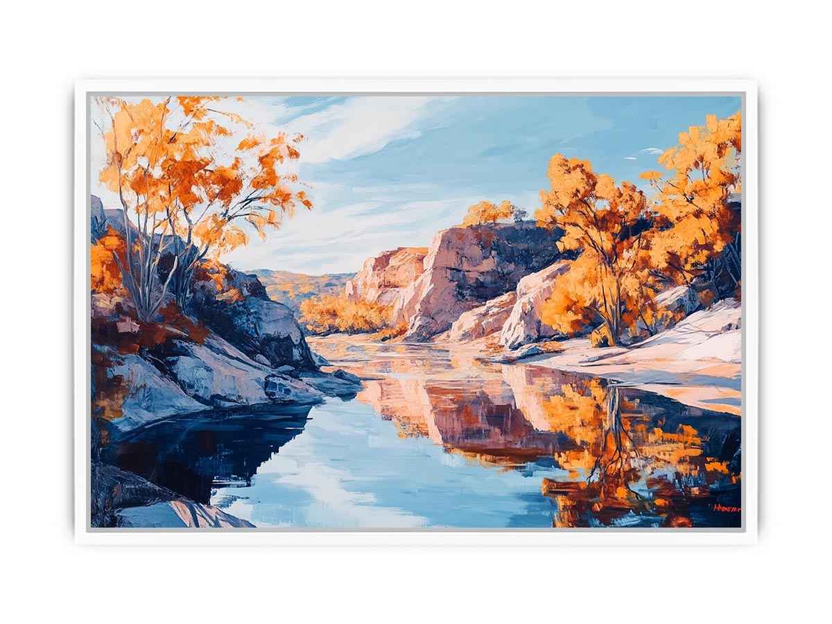 Autumn river canyon Canvas Print with reflective water