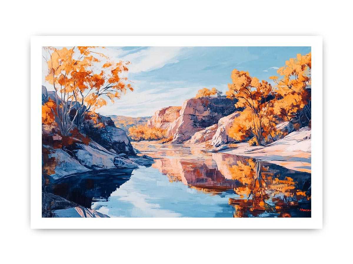 Autumn river canyon Canvas Print with reflective water