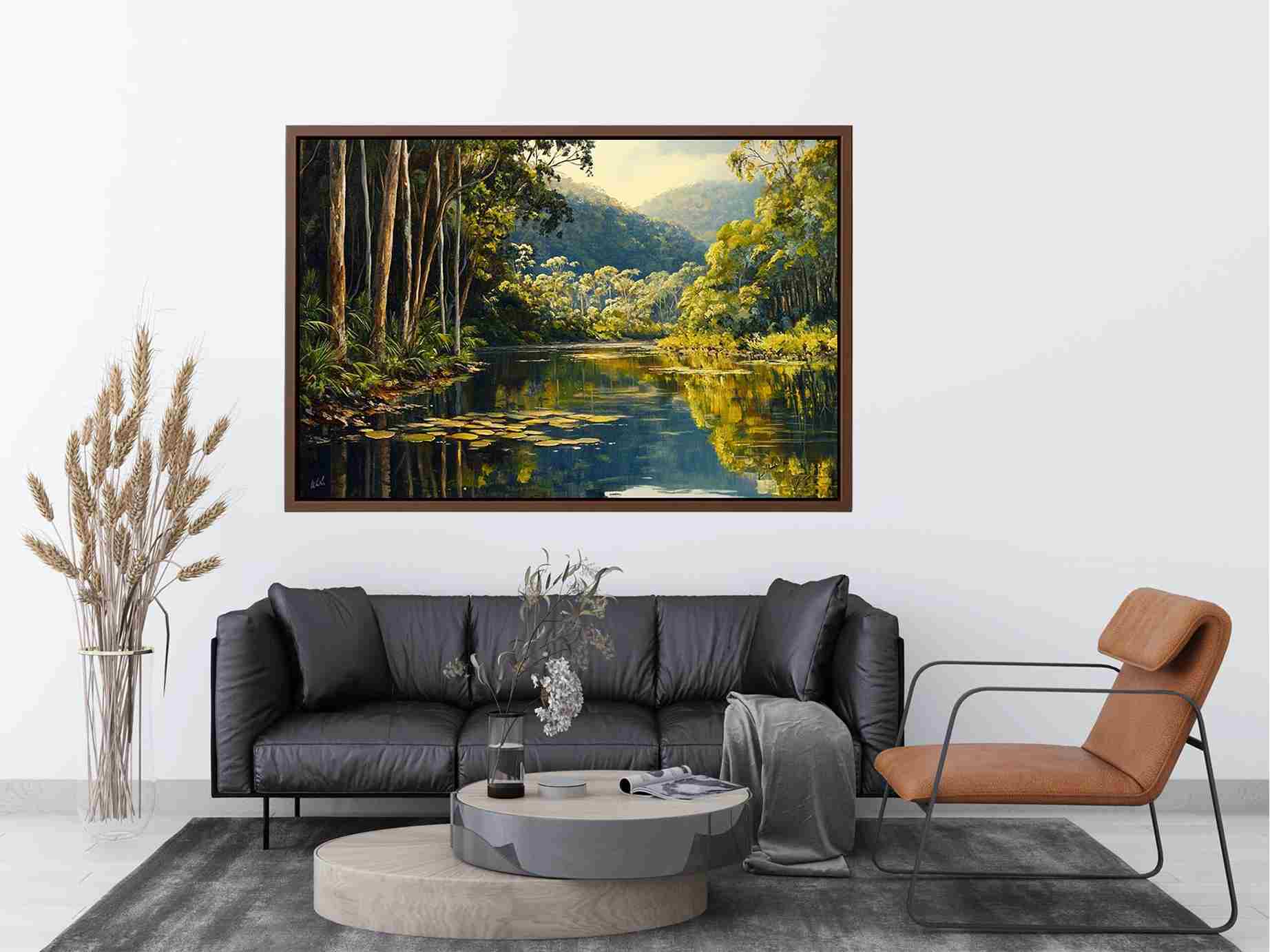 Forest river Canvas Print with lush trees and reflections