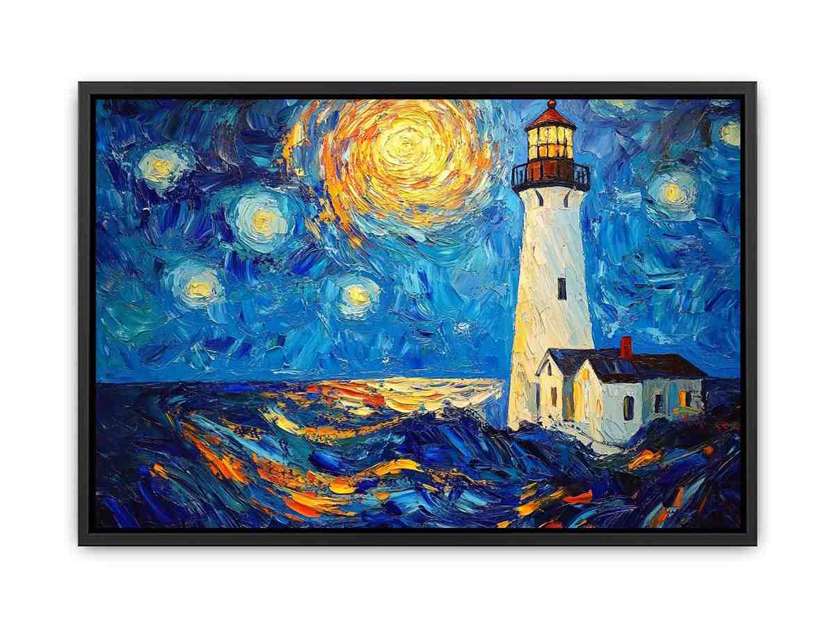 Coastal lighthouse Canvas Print with starry moonlit sky and ocean waves