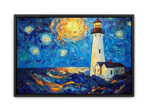 Coastal lighthouse Canvas Print with starry moonlit sky and ocean waves